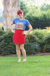 A B-52's Concert Shirt, Red Skirt, & Gold Loafers