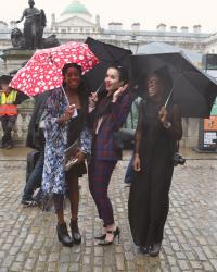 LFW Day 1 Outfit : Tartan Suit / Pointed Heels / Umbrella...