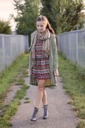 Letter Home // Green Asymmetrical Jacket, Printed Dress