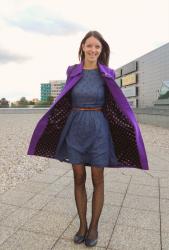 dotted outfit - blue dress & purple coat & black tights