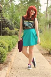 Star Trek Shirt, Blue Skater Skirt, & Black Sneakers