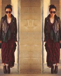 Fall Layers: Plaid Dress + Leather Jacket + Tie Waist Shirt