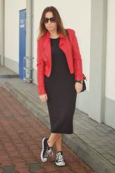 RED LEATHER JACKET & BLACK DRESS