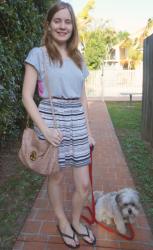Pastel Belts! Grey Tee, Stripe Skirt, Studded Miu Miu | Leona Edmiston Floral Dress, MbMJ Fran Bag