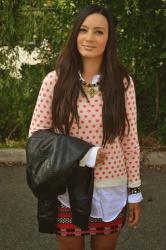 outifit: a patterned skirt + polka dots