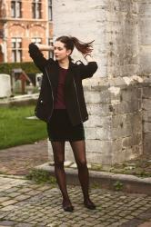 Shearling Biker Jacket, Velvet Skirt, Purple Lips