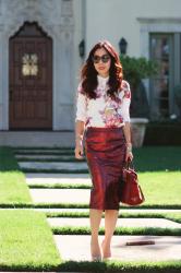 Fall for Red Wine: Floral Sweatshirt, Metallic Pencil Skirt, and Prada Bag