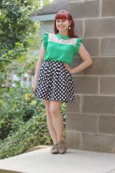 Vibrant Green Blouse, Polka Dot Skirt, & a Headband
