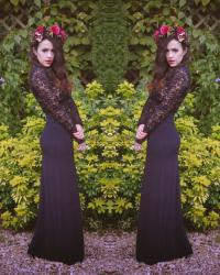 Black Lace Sleeve Dress / Autumnul Floral Headpiece