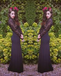Black Lace Sleeve Dress / Autumnul Floral Headpiece