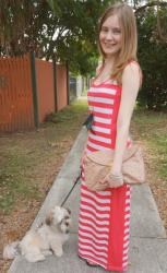 Riverfire: Pink Stripe Maxi Dress, Miu Miu Clutch | Blue Tee, Grey Leopard Print Skinnies, RM Mini MAC