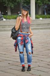 Outfit of the day: Tartan, boyfriend and backpack / Fourth look for Milan Fashion Week