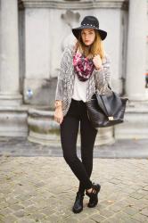 Loose cardi & biker jeans.