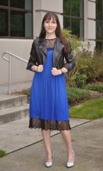 BLUE SKATER DRESS WITH LACE TRIM AND MOTORCYCLE JACKET
