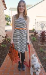 Jeanswest Stripe Dress, Balenciaga Rouille Work | Lace Pencil Skirt and Tee, Marc by Marc Jacobs Fran Bag and Video