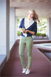 Argyle pants and gold clutch