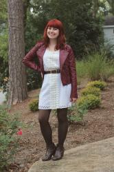 White Dress with a Burgundy Leather Jacket & Leopard Print Tights