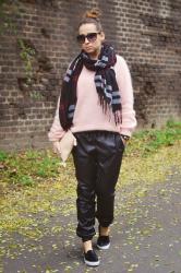 PINK FLUFFY SWEATER & LEATHER TRACK PANTS
