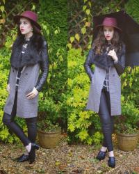 Doogtooth Coat with Leather Sleeves / Plum Fedora / Checked Shirt