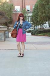 A Girly Pink Pencil Skirt, Sparkly Sunglasses, Polka Dot Bustier, & Floral Shoes Outfit