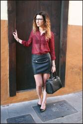 Checked blouse and Leather Skirt with Zips