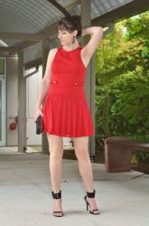 RED DROP WAIST DRESS AND LARGE BUCKLE SANDALS