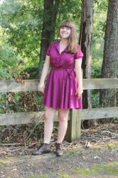A Jeanie Outfit: Purple Dress & Brown Lace-Up Boots