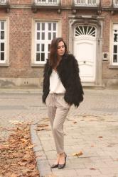 Black Shaggy Faux Fur Coat, Elegant Outfit