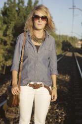 Jeans blouse + White pants