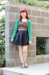 Leopard Crop Top, Leather Skater Skirt, & a Green Cardigan