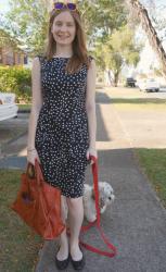 French Connection Polka Dot Dress, Balenciaga Rouille Work | Navy, Ruffles, Red Jeans and Chloe Marcie Bag