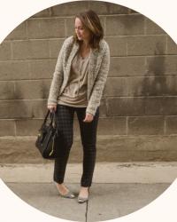 dotty, houndstooth pants, and grandma cardigans