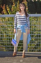 CARGO PANTS, STRIPED TOP, AND CHUNKY HEEL SANDALS