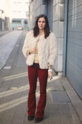 Faux Fur Jacket, Burgundy Trousers