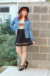 Cartoon Print Top, Jean Jacket, & a Black A-Line Skirt