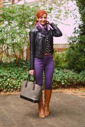 My Go-To Black Biker Jacket With Purples & Pattern Mixing