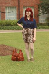 Leopard Peplum Skirt, Navy Blue Blouse, & My JoTotes Bag
