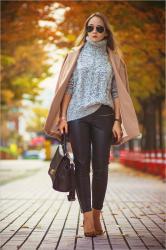 Beige coat and polo neck sweater