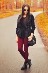 fur vest & burgundy