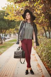 BURGUNDY PANTS & HOUNDSTOOTH BLOUSE 