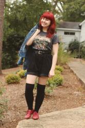 Corduroy Shorts, Vintage T-shirt, Knee Socks, & a Jean Jacket