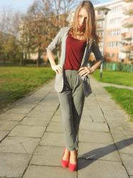 Burgundy and grey.