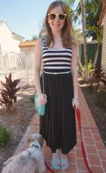 Yellow Sunglasses. Stripes, Pleats, RM mini MAC | Tee, Silk Print Skirt, Balenciaga Mangue Envelope Clutch