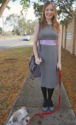 Grey Dress, Purple Scarf Belt, Mulberry Alexa | French Connection Print, RM Nikki, Gold Mouse Flats