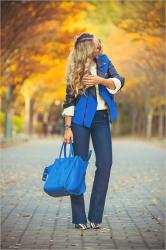 Huge blue tote and blue leather jacket