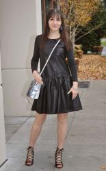 LEATHER DROP WAIST DRESS AND HOLOGRAM CROSS-BODY BAG