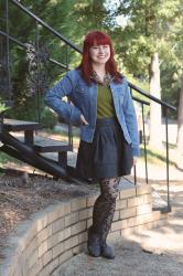 Jean Jacket, Olive Green Sweater, Leopard Top, Leather Skirt, & Leopard Print Tights