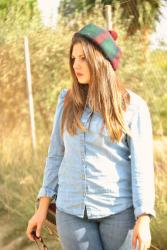 Total denim and tartan beret