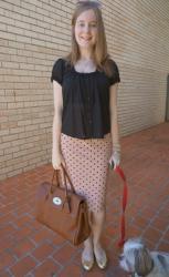 Black Top, Pink Polka Dot Pencil Skirt, Gold Mouse Flats, Mulberry Bayswater | Stripe Dress, Alexander Wang Rocco Bag