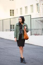 Army green jacket and Madewell Transport Tote